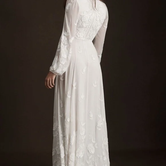 BHLDN Anthropologie Nassau DeepV Embroidered Side Slit Wedding Gown Ivory Size18 - Picture 5 of 11